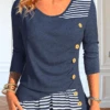 Asymmetrical Striped Casual Loose Long Sleeve Crew Neck Shirt With Buttoned Design