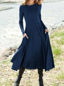Casual Loosen Crew Neck Jersey A-Line Long Sleeve Midi Dress -Zolucky Sales Store f18e14f4959a60e6f8aa999c017adc6d
