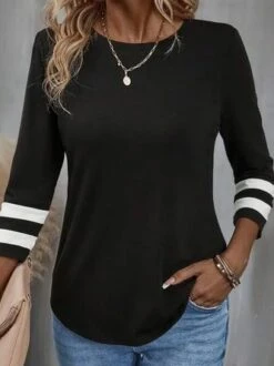 Plus Size Color Block Crew Neck Loose Casual T-Shirt