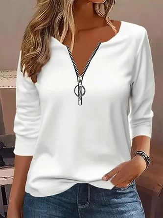 Casual Half Zipper Crew Neck Jersey Plain Loose H-Line Long Sleeve T-Shirt 1 Casual Half Zipper Crew Neck Jersey Plain Loose H-Line Long Sleeve T-Shirt