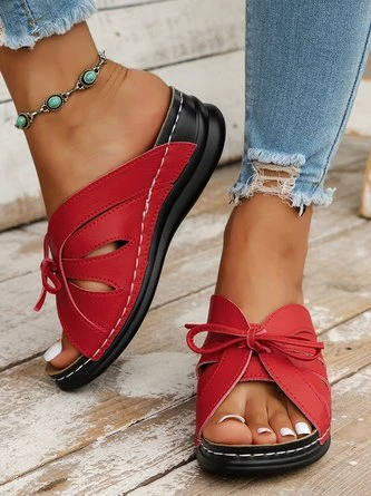 Casual Bowknot Hollow Out PU Comfy Wedge Heel Slide Sandals 9 Casual Bowknot Hollow Out PU Comfy Wedge Heel Slide Sandals - Image 9