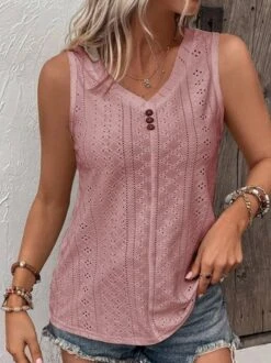 Loose V Neck Casual Buttoned Eyelet Embroidery Front Tank Top -Zolucky Sales Store f4e67df7022d98cbc2701c2f4a02bdb4