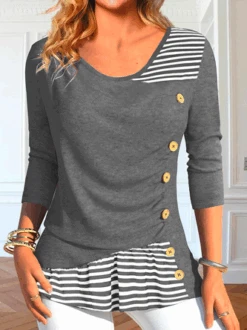 Asymmetrical Striped Casual Loose Long Sleeve Crew Neck Shirt With Buttoned Design -Zolucky Sales Store f50eecbcb01c43a6bd9715afc0a61290