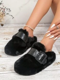 Color Block Buckle Warmth Fluffy Toe-covered Slippers -Zolucky Sales Store f5e9c74c60373ab1cbb0d7cde3fe2a29