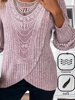 Plus Size Crew Neck Casual Lace Plain T-Shirt -Zolucky Sales Store f6615eda434ce315068a66bfba92f1f9