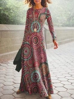 Ethnic Printed Long Sleeve Crew Neck Casual Dress -Zolucky Sales Store f6970a9a4b756fdaa15df1aa06892b45