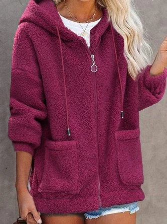 Loose Zipper Hoodie Casual Plain H-Line Mid-long Teddy Jacket With Pockets 2 Loose Zipper Hoodie Casual Plain H-Line Mid-long Teddy Jacket With Pockets - Image 2