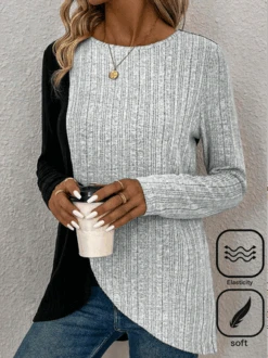 Two Tone Asymmetrical Hem Casual Crew Neck T-Shirt