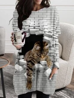 Casual Cat Crew Neck Loose Dress -Zolucky Sales Store f8a41acb598f8f7c19a9f2573096b5d4