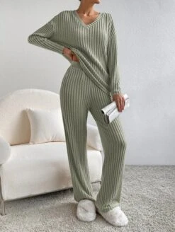 Plain V Neck Long Sleeve Top With Pants Loose Casual Two-Piece Set 28 Plain V Neck Long Sleeve Top With Pants Loose Casual Two-Piece Set -Zolucky Sales Store fa32eed2e5244150414f2abac6962d73