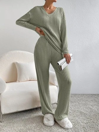 Plain V Neck Long Sleeve Top With Pants Loose Casual Two-Piece Set 9 Plain V Neck Long Sleeve Top With Pants Loose Casual Two-Piece Set - Image 9