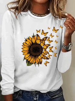 Women’s Butterfly Sunflower Print Casual Cotton-Blend Long Sleeve Shirt -Zolucky Sales Store fa587785c5e20518e9c24d02e83ce460