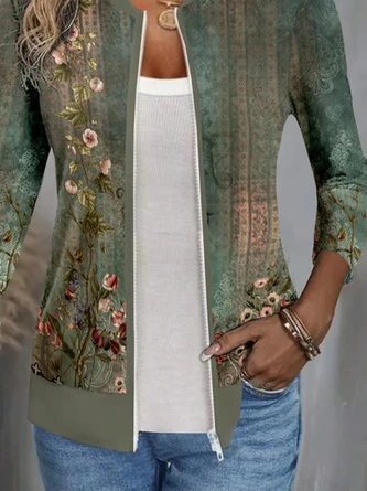 Casual Floral Loose Zipper Jacket 3 Casual Floral Loose Zipper Jacket - Image 3