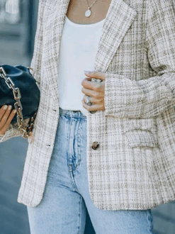 Women Casual Plaid Autumn No Elasticity Daily Long Sleeve Shawl Collar Regular H-Line Blazer -Zolucky Sales Store fa9089112f35424cef26aedeed7fadda