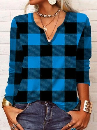 Christmas Casual Loose Plaid Long Sleeve V Neck T-Shirt 2 Christmas Casual Loose Plaid Long Sleeve V Neck T-Shirt - Image 2