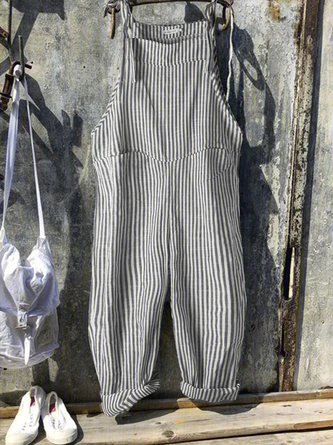 Vintage Black Gray Linen Stripes Pants Romper Jumpsuits 6 Vintage Black Gray Linen Stripes Pants Romper Jumpsuits - Image 6