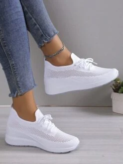 Casual Lace-up Decor Breathable Flyknit Wedge Heel Slip On Sneakers -Zolucky Sales Store fc502714f92fae0679870fac7a65d399