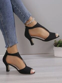 Black Suede Cutout Strap Peep Toe Mid Heel Sandals -Zolucky Sales Store fc88c58eb21067cf76852565848b4481