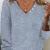 Plus Size Striped Loose Casual V Neck Buttoned T-Shirt