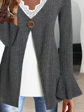 V Neck Casual Plain Buckle Open Front Cardigan 3 V Neck Casual Plain Buckle Open Front Cardigan - Image 3