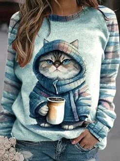 Plus Size Cat Print Casual Loose Crew Neck H-Line Striped Long Sleeve Sweatshirt -Zolucky Sales Store fe81b8faba823caeb983ec8e3f3ac5fc