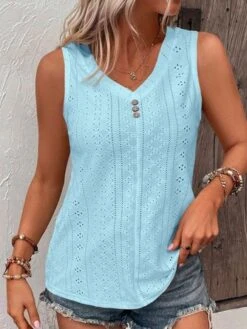 Loose V Neck Casual Buttoned Eyelet Embroidery Front Tank Top -Zolucky Sales Store feab8c055feba7b85bb67ce603976169