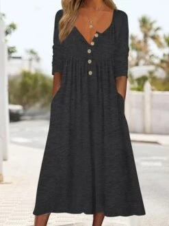 Cotton Mixed Plain Button Simple Midi Dress