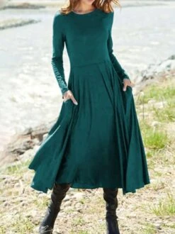 Casual Loosen Crew Neck Jersey A-Line Long Sleeve Midi Dress -Zolucky Sales Store ff2f0f613a8e5a63b88e1c9a5c3284ab