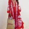 Zolucky Women Printed Boho Casual Dress V Neck Holiday Maxi Dress