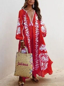 Zolucky Women Printed Boho Casual Dress V Neck Holiday Maxi Dress