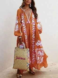 Zolucky Women Printed Boho Casual Dress V Neck Holiday Maxi Dress -Zolucky Sales Store lADPBFuNbcdCEfbNAljNAcI 450 600 1601603909864