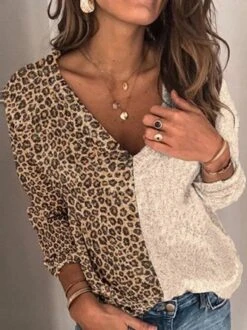 Khaki Vintage V Neck Color-Block Cotton-Blend Sweater