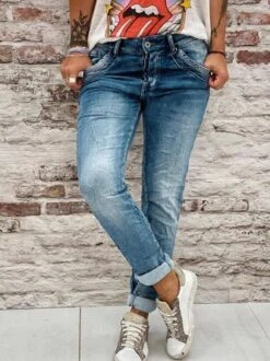 Blue Denim Simple Solid Pockets Jeans